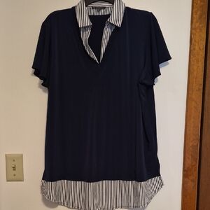 Adrianna Papell Womans Navy Blue With White Stripe Accents Blouse SZ 1X